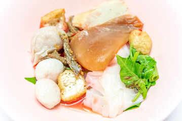 Noodles Soup with multi fish balls with white background. Asian food Noodle	
