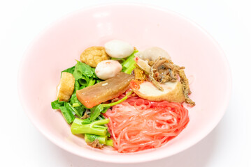 Noodles Soup with multi fish balls with white background. Asian food Noodle	
