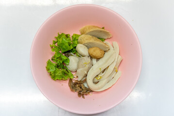 Noodles Soup with multi fish balls with white background. Asian food Noodle	
