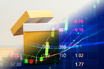 Fototapeta premium Stock market data on digital LED display. Fundamental and technical analysis with candle stick graph chart of stock market trading to represent about Bullish and Bearish point.