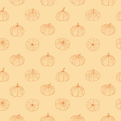 Pumpkins seamless pattern,Halloween wallpaper.Hand-drawn Thanksgiving gourds endless background with vegetarian food,proper nutrition,healthy diet.Line art. Vector illustration