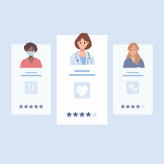 Patient chooses family doctor, doctors team medical staff portraits. Online searching therapist via internet site. Mobile app to find a specialist, medical insurance, telemedicine. For banner, flyer