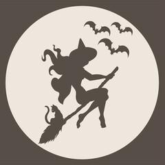 silhouette witch on a broomstick in a hat with a cat in retro style, vintage tattoo, comic, vector