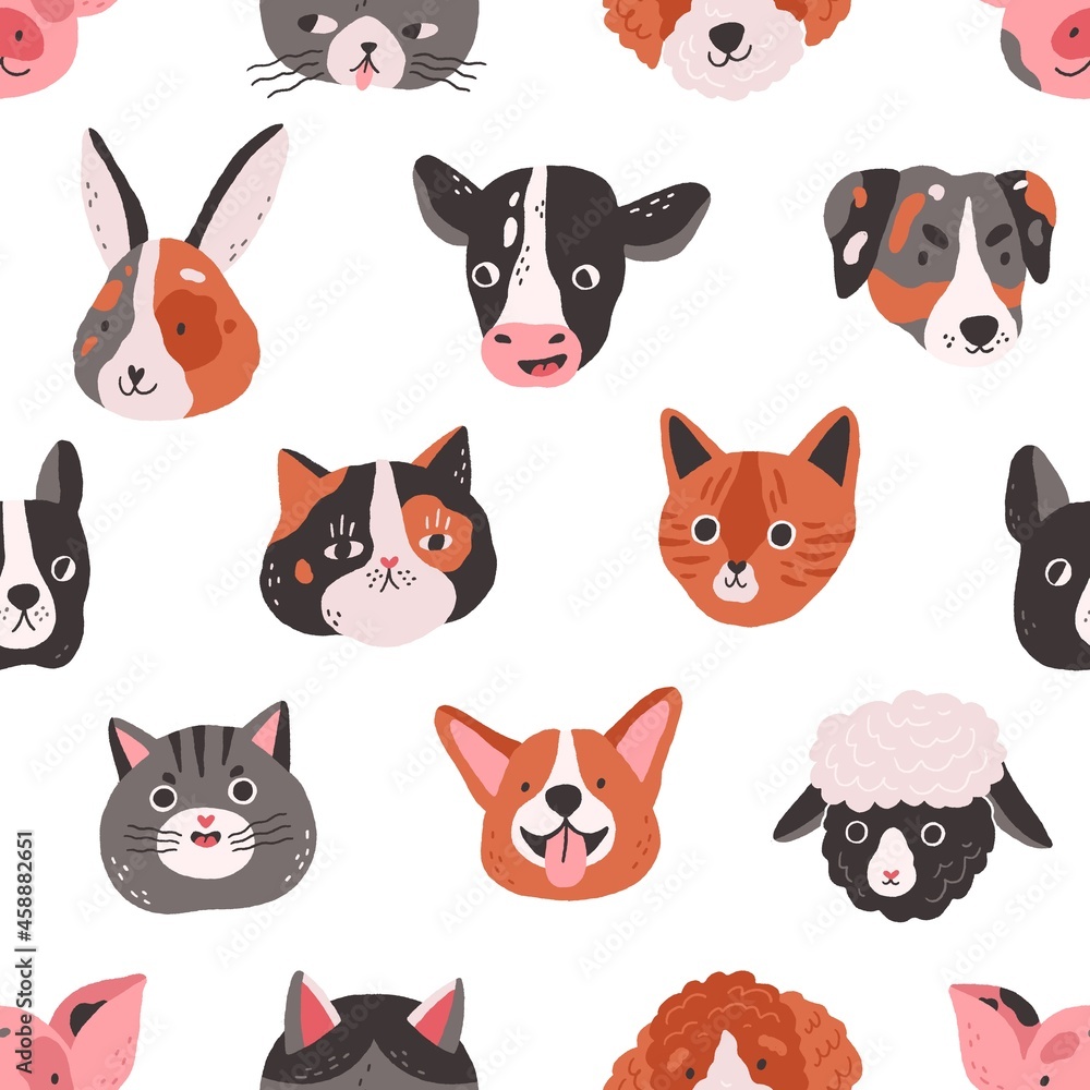 Poster Seamless pattern with cute animals faces in doodle style. Endless repeating background with funny heads and muzzles of pets, dog, cat, cow and bunny. Colored flat vector illustration for printing