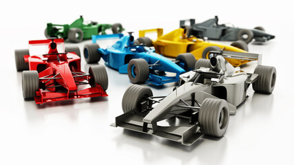 Generic Formula 1 racing cars isolated on white background. 3D illustration