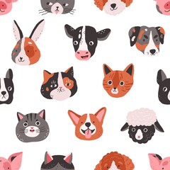 Seamless pattern with cute animals faces in doodle style. Endless repeating background with funny heads and muzzles of pets, dog, cat, cow and bunny. Colored flat vector illustration for printing