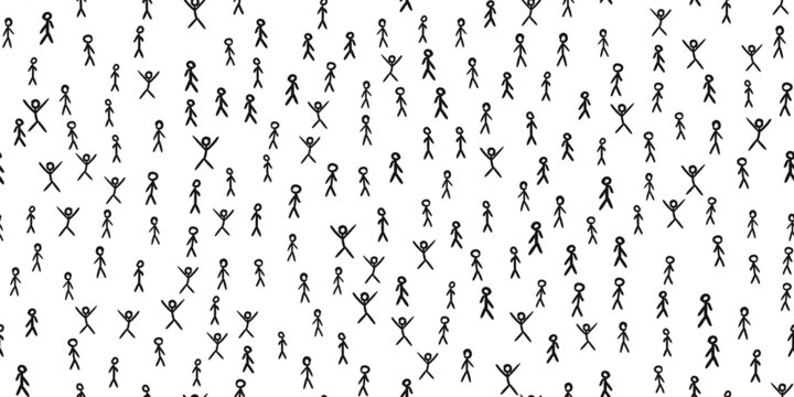 Many stick figures seamless pattern, Overpopulation problem and too many people on the planet concept, Crowd of hand drawn stickman vector illustration black on white background