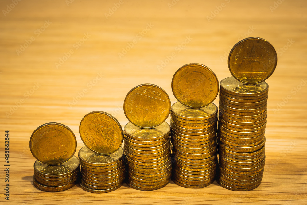 Poster gold coins stacks is representing riches and wealth management. crypto coin stack growing and find o