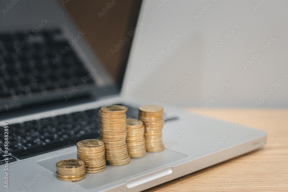 Poster gold coins stacks is representing riches and wealth management. crypto coin stack growing and find o