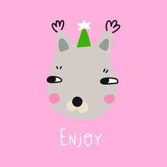 Enjoy. Squirrel wearing party hat. Greeting card for kids. Vector illustration on pink background.