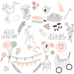 Vector set of cute baby girl elements. For baby shower invotation, cards, nersery room decor.