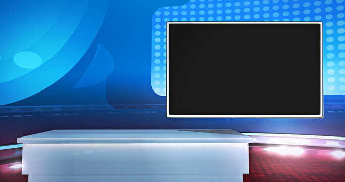 Virtual background with an empty monitor, ideal for tv news, shows or infomercials. A 3D illustration, suitable on VR tracking system sets, with green screen