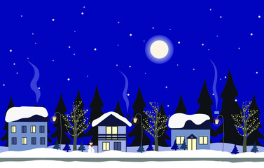 Winter night city in retro style. Christmas background with houses, moon, cars. Cozy town in a flat style. Cartoon vector illustration.Night winter countryside seamless border with trees and houses. F