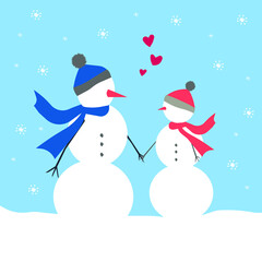 Illustration of two cute snowmen in love holding hands vector illustration 