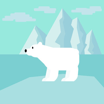 Vector Flat Isometric Global Warming Illustration. Melting Iceberg And White Bear. Effect Of Global Warming In Nature. Conceptual Image Of Melting Glacier With Polar Bear In Deep Blue Water