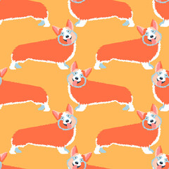 Bright seamless pattern with the image of a Welsh Corgi dog. Design for decorating textiles and wallpaper.