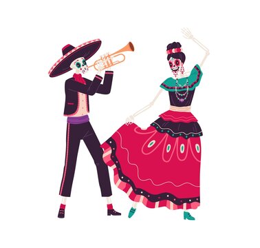 Couple of happy Mexican skeletons play trumpet and dance to music at Day of Dead. Catrina and skull man in costumes celebrating Death holiday. Flat vector illustration isolated on white background