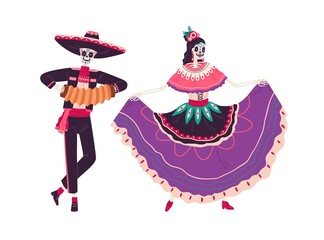 Couple of Mexican skeletons, man and woman dance to music on Day of Dead in Mexico. Catrina and skull in sombrero hat and party costumes at Death holiday. Flat vector illustration isolated on white