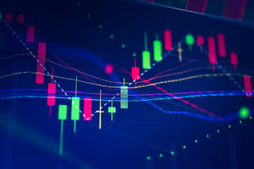 Candlestick chart in financial stock market on digital number background. Forex trading graphic design and Stock market trading trend as concept.