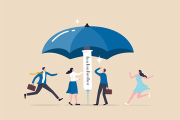 Vaccination campaign help build herd immunity to protect from Coronavirus infection, vaccinated people running to get covered sheltered under big strong umbrella built from vaccine syringe. - obrazy, fototapety, plakaty