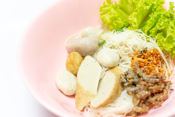 Noodles Soup with multi fish balls with white background. Asian food Noodle	
