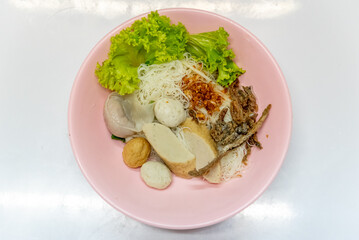 Noodles Soup with multi fish balls with white background. Asian food Noodle	
