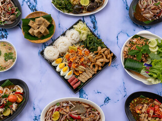 Thai food mixed spicy salads and rice dishes 