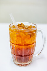 A kind of different Asian soft drink / many type of sweet soda drinking on white table