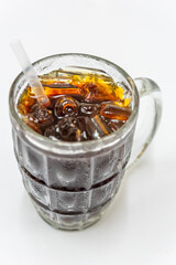 A kind of different Asian soft drink / many type of sweet soda drinking on white table
