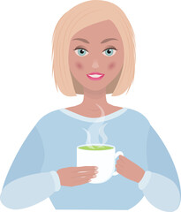 Tea time illustration. Beautiful girl with green tea. Matcha tea. Green or herbal tea.