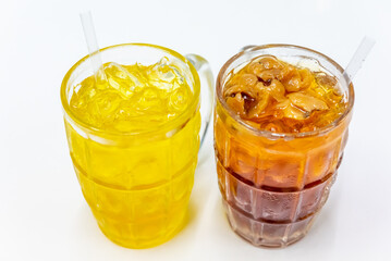A kind of different Asian soft drink / many type of sweet soda drinking on white table