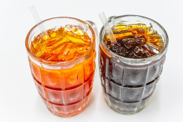 Coffee cup and beans on old vintage table. Top view with copy space for your text into the background.