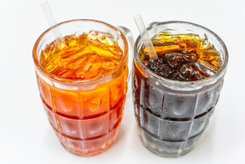 A kind of different Asian soft drink / many type of sweet soda drinking on white table