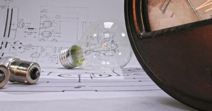 Low voltage edison bulb. Light bulb and cables on diagrams. 