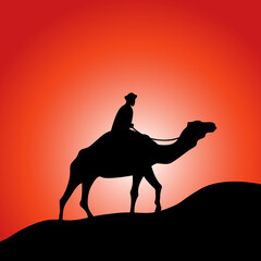 Camel and rider in desert black silhouette vector illustration. Red sunrise or sunset background.