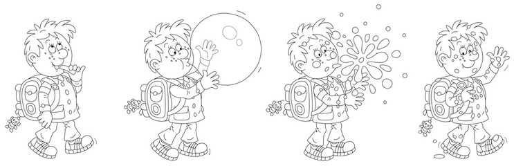 Comic strip of a cheerful little schoolboy with a backpack walking to school and blowing a big bubble from a sweet chewing gum, black and white vector cartoon illustrations