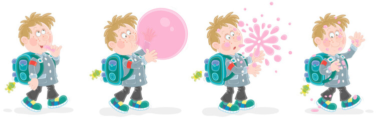 Comic strip of a cheerful little schoolboy with a backpack walking to school and blowing a big bubble from a sweet chewing gum, vector cartoon illustrations isolated on white