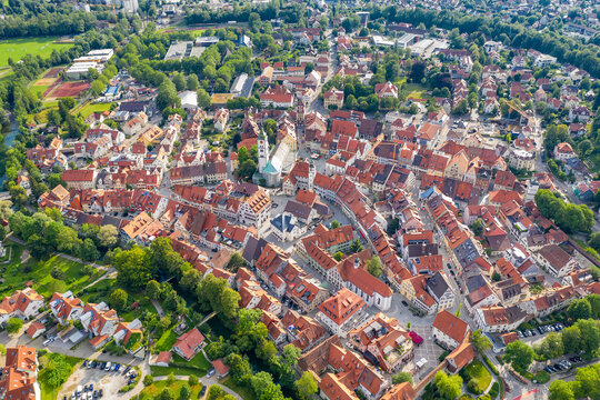Aerial view from drone to the ancient historic medieval old town. WANGEN IM ALLGAU, GERMANY