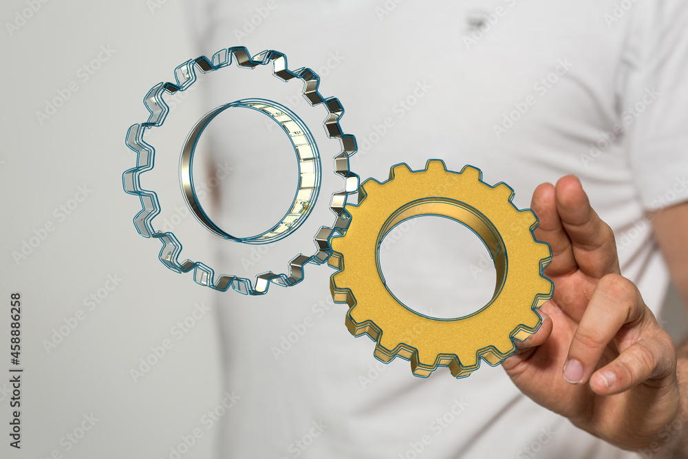 Poster Man draws gears on virtual screen. Blurred Abstract engine room..