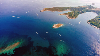 Fototapeta na wymiar High aerial drone view of Adriatic sea scape at summertime seaso