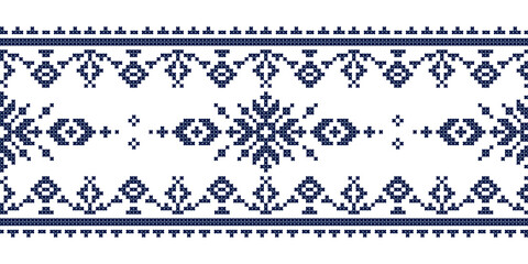 Zmijanje cross stitch style vector folk art seamless lonng horizontal pattern - textile or fabric print design inspired by old patterns from Bosnia and Herzegovina 
 - obrazy, fototapety, plakaty