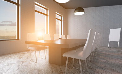 Modern office Cabinet.  3D rendering.   Meeting room. Sunset