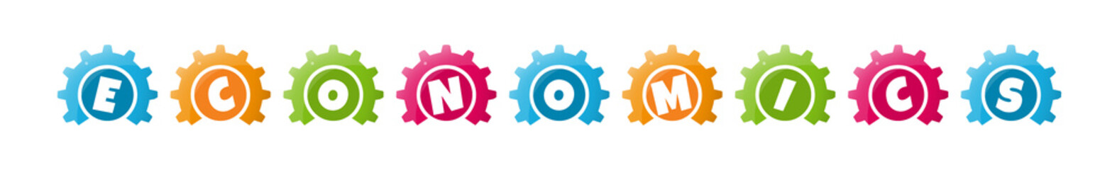 Economics - text written inside colorful gears on white background