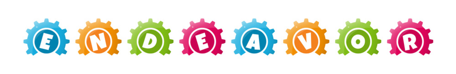 Endeavor - text written inside colorful gears on white background