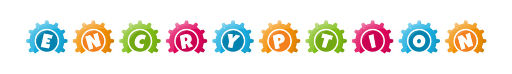 Encryption - text written inside colorful gears on white background