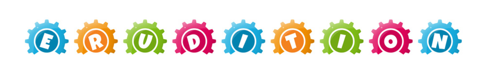 Erudition - text written inside colorful gears on white background