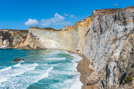 The view from the top of Chiaia di Luna beach in the Ponza island, Lazio, Italy. The beach is closed to tourists, due to falling rocks.