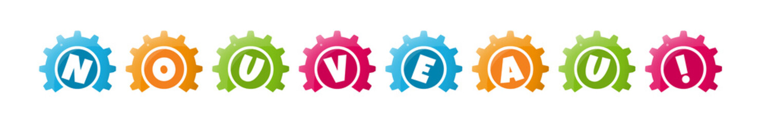 Nouveau! - text written inside colorful gears on white background