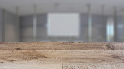 Background with empty wooden table. Flooring. Modern meeting room. 3D rendering.. Mockup.   Empty paintings