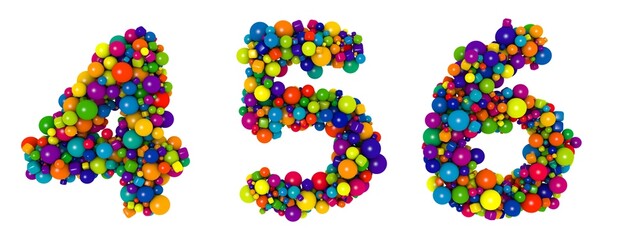 Multicolored letters number 4 5 6. Funny 3D illustration. Glossy multicolored decorative balls text.